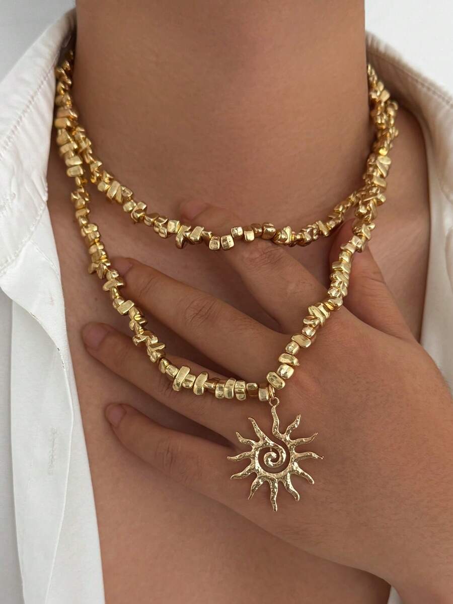 1件嘻哈风双层不对称CCB火焰几何吊坠项链，魅力十足的叠戴饰品，复古摇滚设计，街头风，休闲风，情侣款，时尚男士礼物 - 項鍊 - 查看 1