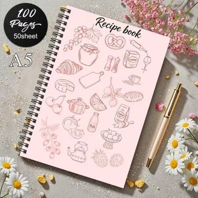 1 pièce Livre de recettes | Format A5 50 feuilles 100 pages, journal de recettes parfait pour la maison, pour enregistrer vos propres recettes, avec des illustrations de cuisson et de cuisine | Papier ligné