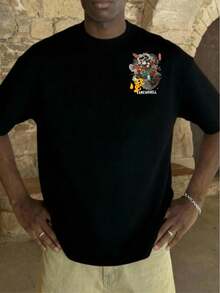 男士夏季时尚街头日系文字印花圆领短袖T恤 | 百搭街头休闲上衣，男友/老公礼物 - 黑色 - 查看 2