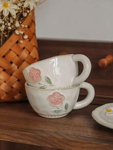 1pc Vintage Floral Glazed Ceramic Coffee Cup & Saucer Set, Niche Creative 3D Embossed Distressed Teacup, Elegant Afternoon Tea Cup, High-Quality Latte Art Cup, Lovely Office Milk Cup, Housewarming/Birthday Gift For Her - Multicolor - View 2
