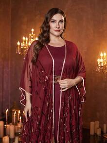 SUPGIR Đầm Abaya dài tay bằng vải lưới cỡ lớn dành cho nữ, kèm thắt lưng đính sequin, thích hợp cho mùa xuân. - Màu Đỏ Sâu - Xem 7