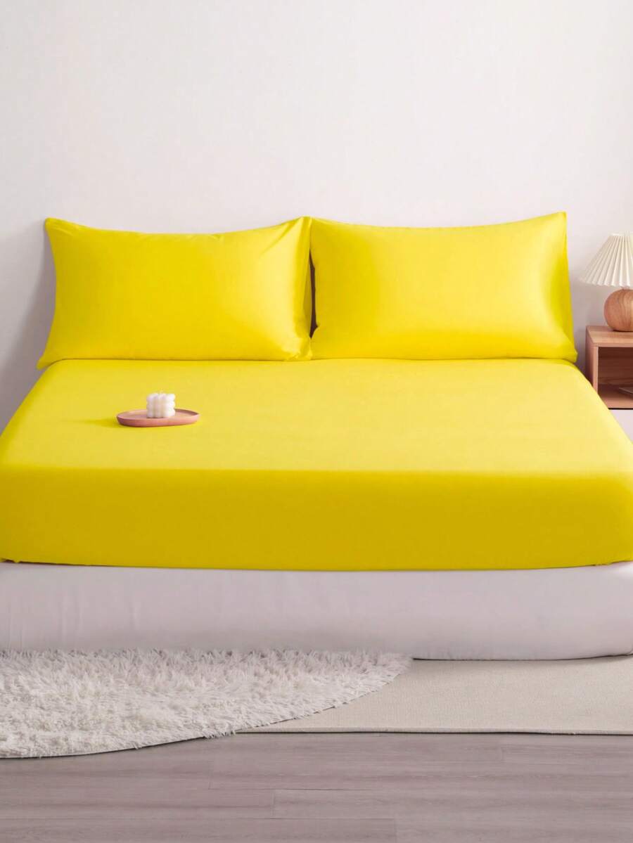 3pcs Solid Color Fitted Sheet Set With 1pc Fitted Sheet+2pcs Pillow Case Without Filler, Modern Soft Bedding Set For Household Sheet Deep Pocket Up To 15 Inch - 黃色 - 查看 1