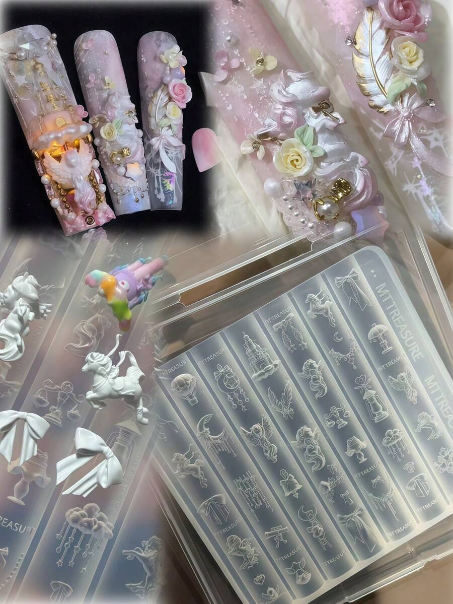 1个可爱美甲模具，梦幻独角兽、羽毛、城堡、蝴蝶结、爱心、花卉图案装饰，透明硅胶DIY模具