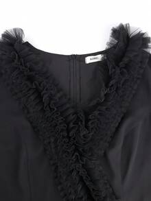 大码女士黑色褶皱雪纺连衣裙，腰间系带，端庄正式，适合周日派对、春季婚礼等场合。 - 黑色 - 查看 7