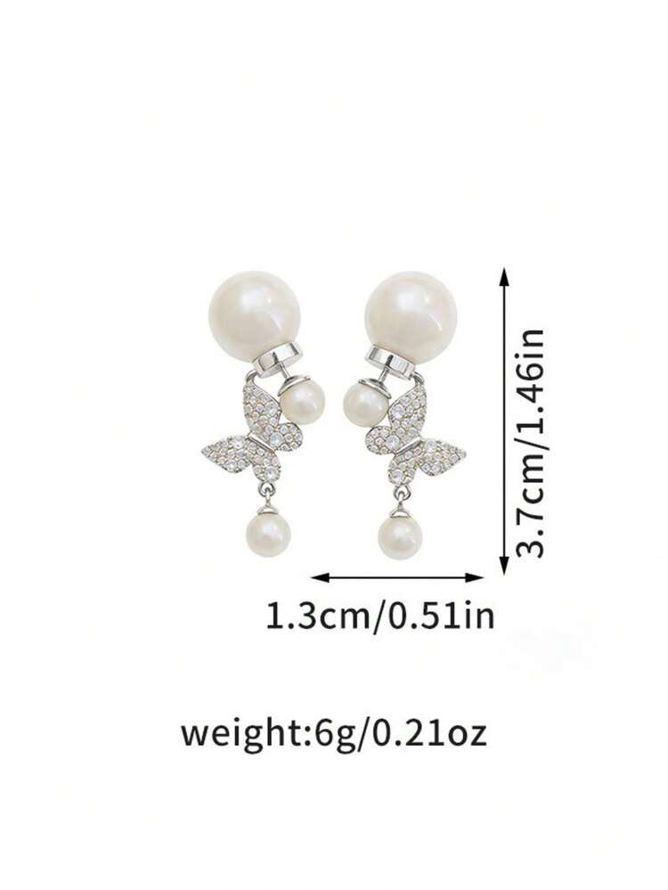 1Pair Retro Diamond Set Butterfly Pendant Faux Pearl Tassel Earrings For Women Girls Gift Fashion Fine Jewelry - Multicolor - View 4