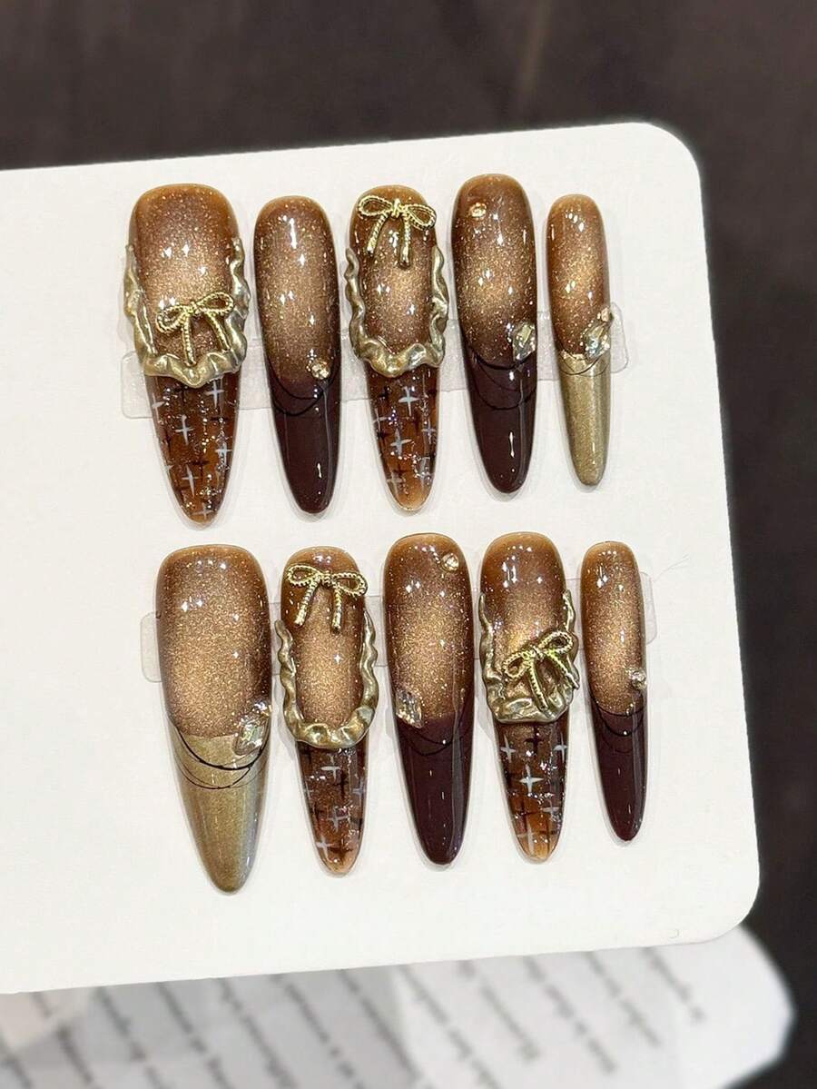 10片情人节金棕色甜美亚克力美甲贴片，闪光渐变3D蝴蝶结法式美甲贴片，长款尖头假指甲，DIY美甲用品，可重复使用，附赠果冻胶和指甲锉，适合日常佩戴，情人节手工美甲贴片 - 摩卡棕 - 查看 1