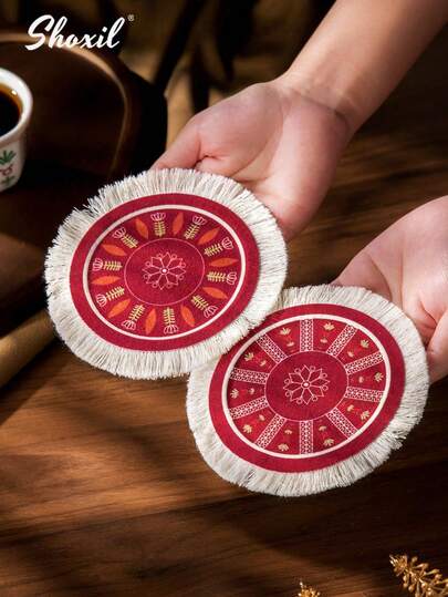 shoxil 1pc Tassel Coaster, Middle Eastern Style Coffee Coaster, Decorative Coaster, Tulip Print Coaster, Persian Coaster, Teacup Coaster, Placemat, For Home, Coffee Shop, Used During Ramadan