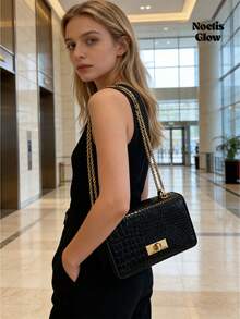 Faux Leather Solid Color Crocodile Embossed Fashion Mini Chain Crossbody Bag - màu đen - Xem 7