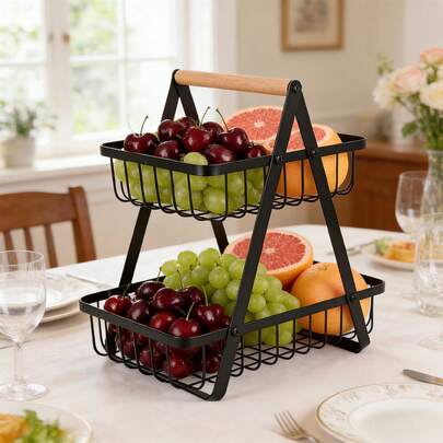 2-Tier Fruit Basket, Rustproof Iron Kitchen Basket With Handle For Easy Carry For Fruit, Vegetables, Snacks In Home, Kitchen Office