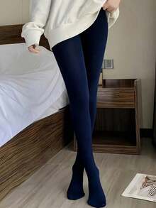 1条女士藏蓝色磨毛紧身裤，春秋季弹力贴合，轻薄保暖，带内衬，全长打底裤 - 藏蓝色 - 查看 1