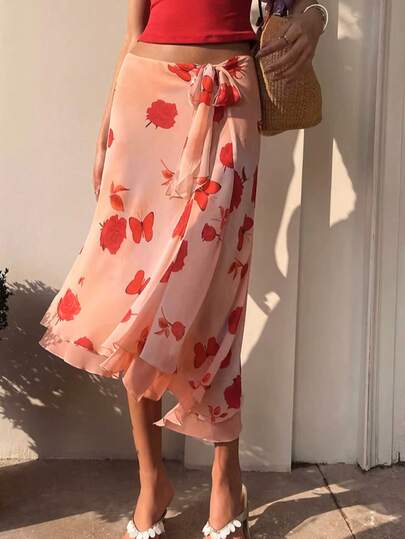 Yuyi服装 花卉玫瑰蝴蝶印花 满版印花叶子图案 波西米亚荷叶边系带蝴蝶结雪纺沙滩花园夏季女裙