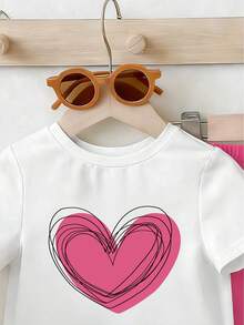 Baby Girl Heart Print Short Sleeve T-Shirt And Flared Pants - Hot Pink - View 3