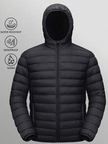 KEFITEVD Men's Lightweight Jacket With Hood Water Resistant Windproof Insulated Jacket Quilted Lined Winter Coats - Black - View 2