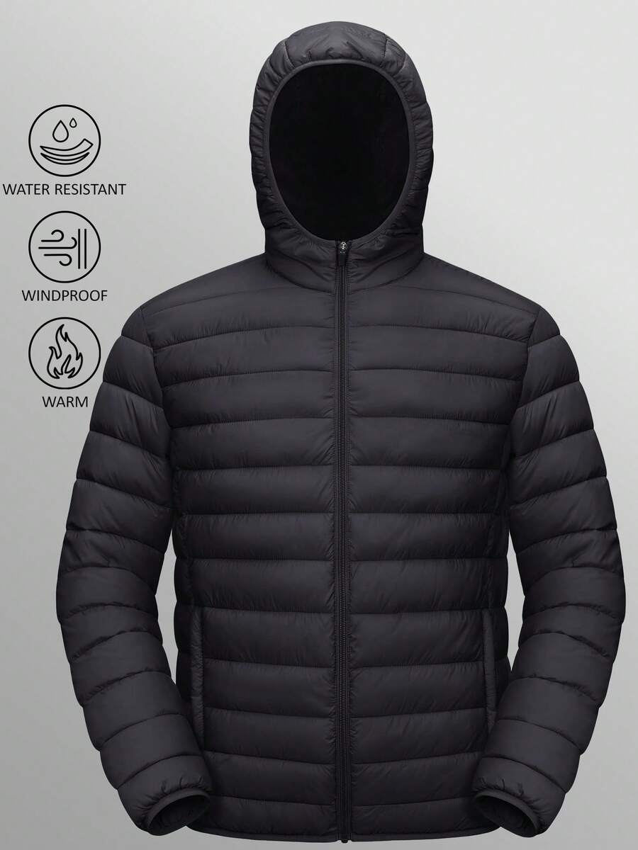 KEFITEVD Men's Lightweight Jacket With Hood Water Resistant Windproof Insulated Jacket Quilted Lined Winter Coats