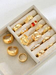 15/20件套时尚优雅复古风叠戴戒指套装，包含几何、花卉、仿珍珠、仿宝石、金属质感和纹理设计，适合节日、派对、送礼和日常佩戴。 - 金黃色 - 查看 4
