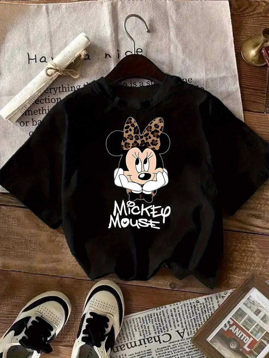 Disney Authorized Minnie Leopard Print Cotton T-Shirt, Short-Sleeved Round Neck Casual Shirt, Suitable For Summer And Spring, Short-Sleeved Shirt, Regular Version Suitable For Casual Wear, Daily Fashion Printed Shirt Elastic Material. - Black - View 1