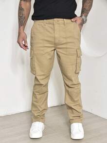 Calças Cargo Masculino Sarja Casuais com Multi-Bolsos Com Lycra - Marrom Claro - Visão 3