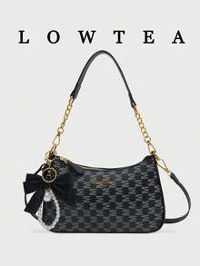 Túi đeo vai Low Tea kiểu dáng mới, cổ điển, đa năng, chống thấm nước, chất liệu PU, họa tiết chữ M, thiết kế in hoa, trang trí dây xích kim loại kiểu Pháp, túi đeo vai nữ, thích hợp cho mua sắm, đi làm, du lịch (Đã bán kèm mặt dây chuyền) - màu đen - Xem 4