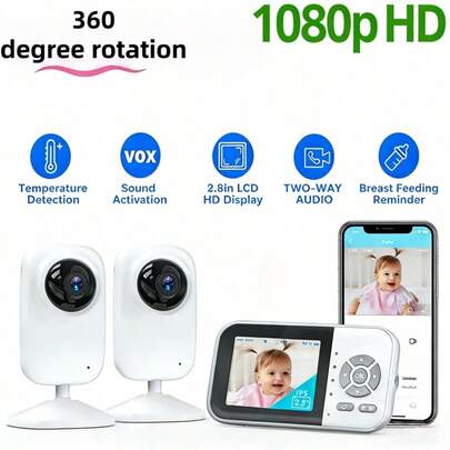 Upgraded Baby Monitor Camera With 2.8-Inch Screen, 2.4G/5G WiFi, 2K/1296P Color Night Vision, AI Crying And Barking Detection, Automatic Tracking, Two-Way Communication, Temperature Sensing, Lullabies, Cloud/SD Storage Compatibility, And Alexa Compatibility For Indoor Monitoring Of Babies, Pets, And The Elderly.