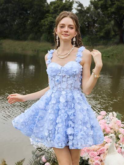 Faeriesty Elegant Strapless Mini Dress With Full 3D Floral Appliques, Tiered Layered Hem, And Sweetheart Neckline For Garden Wedding, Romantic Photoshoot, Bridal Portrait, Engagement Celebration, And Vow Renewal Ceremony