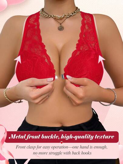 Sexy Red Lace Front-Closure Bra - Push Up Support & Easy On/Off & Comfort Fit