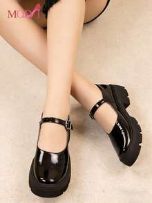 Bailarinas cuadradas para mujer, zapatos planos de piel sintética tipo Mary Jane, transpirables y casuales, elegantes y de moda, bailarinas de ante, zapatos versátiles de moda casual para mujer, para ir al trabajo y de vacaciones,zapatos para mujer,zapatos comodos de mujer, Zapatos De Estilo Mary Jane Para Mujer De Talla Grande, De Estilo Minimalista Y Preppy, De Piel Sintética (PU), Tacón Grueso, Suela Plana Gruesa Y Versátil De Color Negro Brillante,zapatos para mujer,Cómodos oxfords con elevación, zapatos para fiesta estilo británico.Regalos para mujer/mamá/niña - Negro - Ver 8