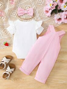 3件套夏季女婴白色短袖连体衣、草莓印花连体裤和蝴蝶结发带套装 - 彩色 - 查看 2