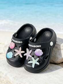 New Kids Cartoon Starfish & Shell Slide Sandals, Cute EVA Lightweight Soft Waterproof Non‑Slip Home Beach Shower Shoes For Boys Girls Spring Summer - Black - View 5