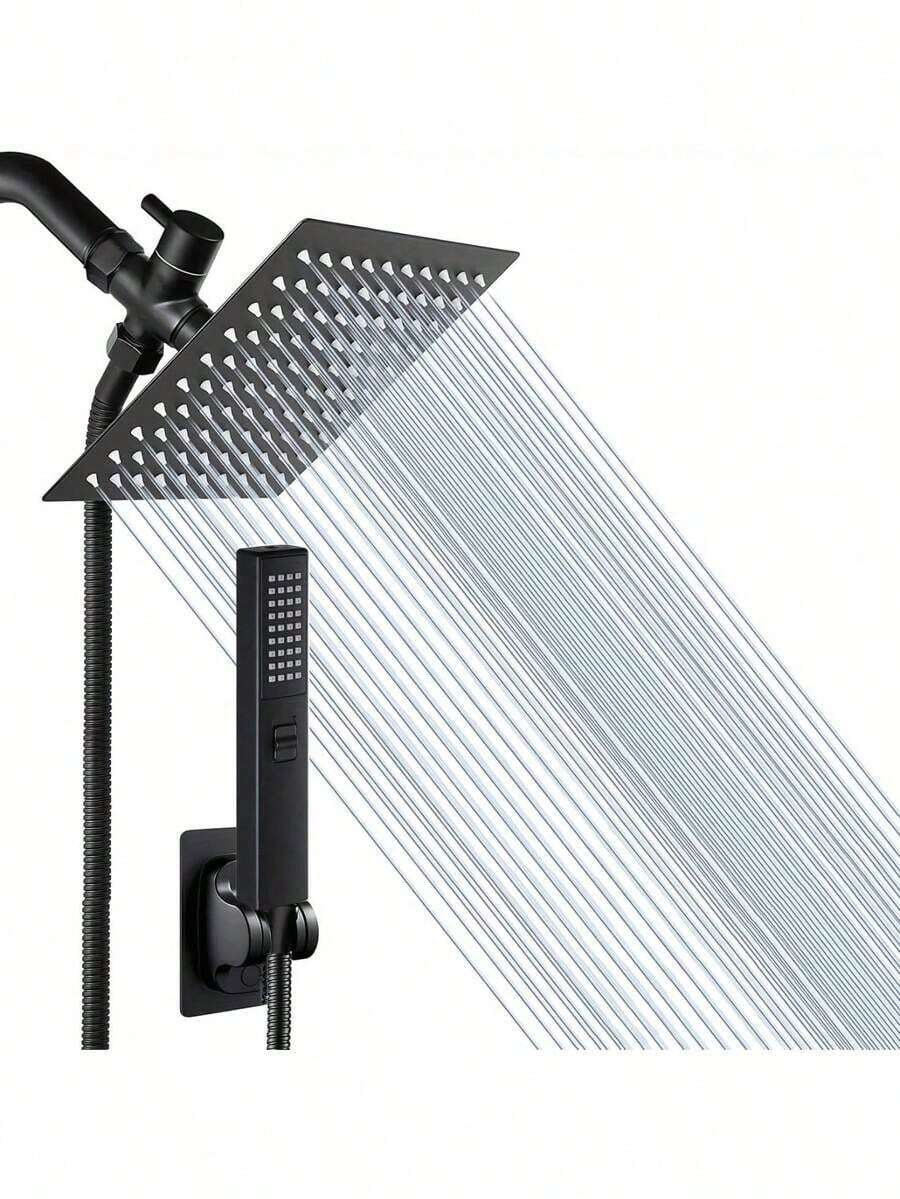 High Pressure Square Rain Shower Head With Handheld Sprayer Combo, Includes 60" Stainless Steel Hose, 3-Way Diverter Valve, Adhesive Shower Head Holder, Double Shower Head Set Home Bathroom Decor Summer Bathroom Accessories - 黑色的 - 查看 1