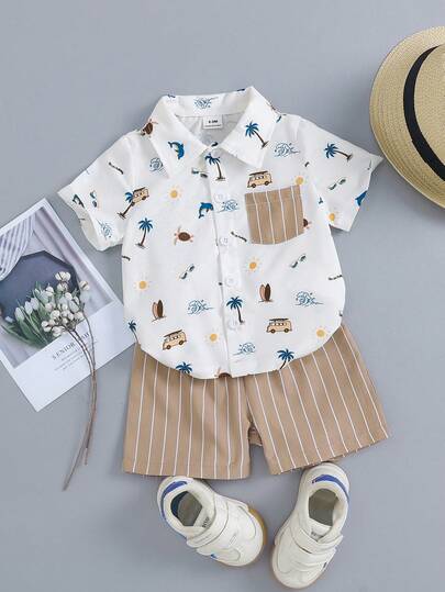 Bộ 2 món đồ mặc nhà và quần short cho bé trai, kiểu dáng thường ngày và thời trang, họa tiết hoạt hình ô tô, có túi trang trí, thoải mái cho mùa hè.