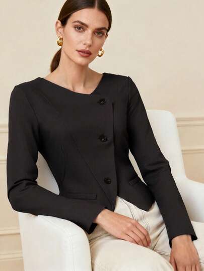 Women's Solid Color Waist-Cinching Single-Breasted Asymmetrical Button Blazer