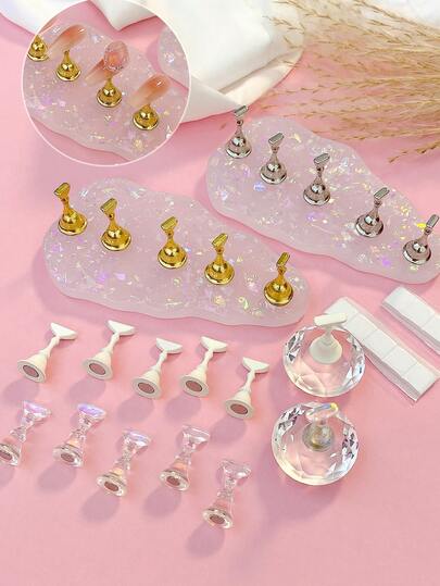 亚克力亮片白色水滴棋盘格钻石美甲练习架套装，韩式全息炫彩美甲贴片（适合初学者），美甲展示架，美甲配件，摄影道具