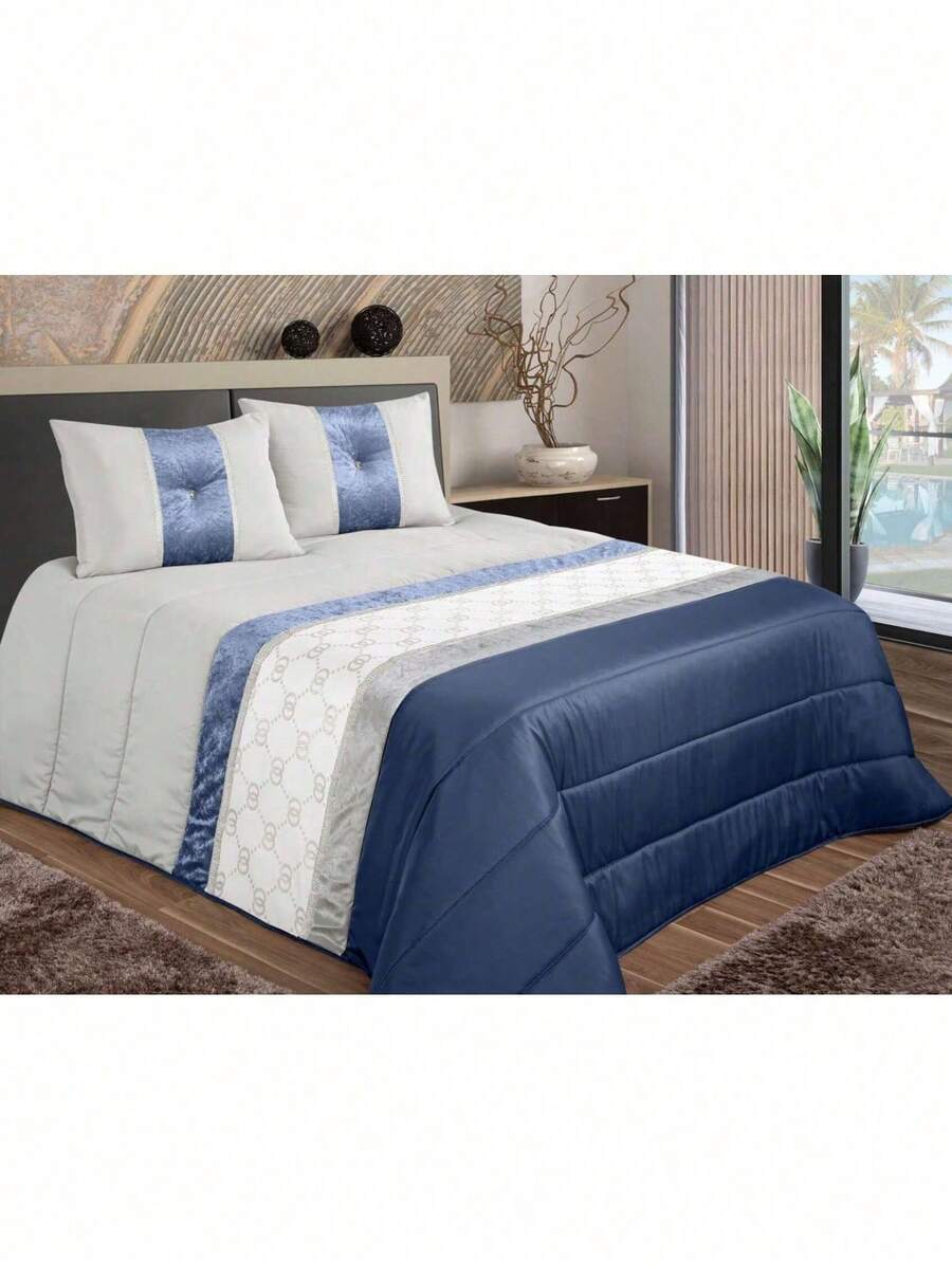 AURA DECO - Colcha decorativa ELMA com almofadas e enchimento incluído, edredão bouti de qualidade superior para cama 135/150 cm (250x260 cm), cómoda e durável - Azul - Ver 1