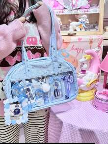 1pc Japanese Style New Original Casual Fashion Sweet Cute College Large Capacity Starry Sky Bowling Bag, Soft Lightweight Canvas Transparent Badge Grain Bag, Women Daily Commute Party Shoulder Crossbody Bag - Multicolor - View 4