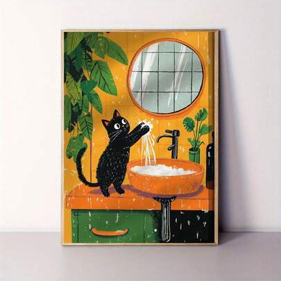 2D Flat, 1pc Funny Bathroom Cat Poster - "Wash Your Paws" Black Cat Washing Hands Print - Bathroom, Kitchen, Living Room, Office, Cafe Decor - Unframed Canvas Wall Art Poster - Humorous Pet Lover Gift - Easy To Hang With Adhesive Strips - Modern Farmhouse Decor, Kitchen Artwork, Playful Design, Office Decoration, Bohemian Style, Highquality Artwork, Home Decorators, 2D Flat