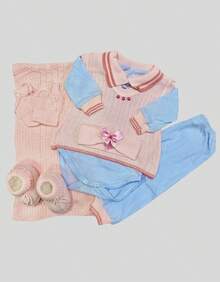 Complete Knitted Baby Outfit Set For Girls And Boys (Newborn): Blanket, Hat, Mittens, Bodysuit, Footed Pajamas, Sweater (Cotton) - 粉紅色和藍色 - 查看 4