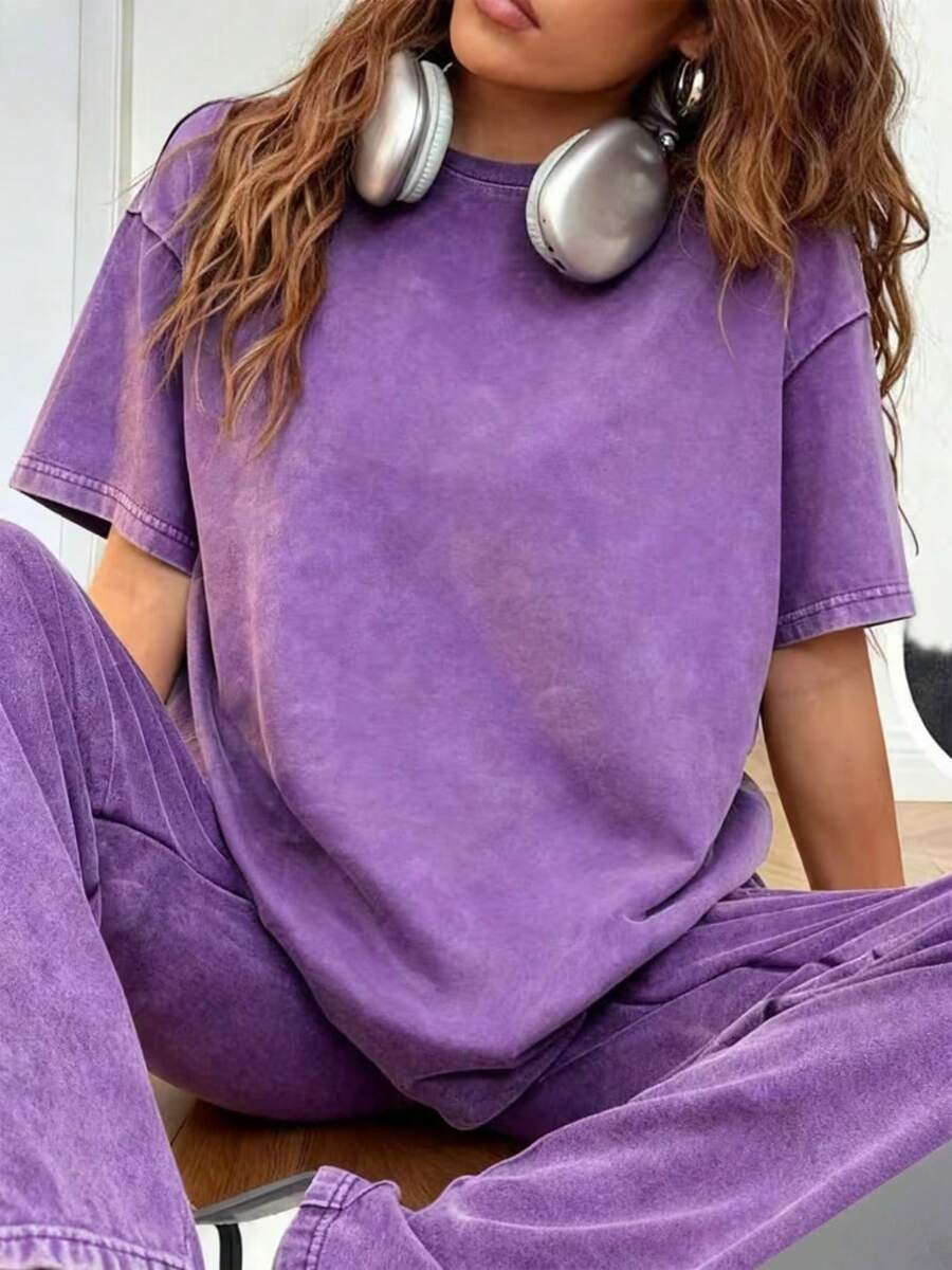 Local Shipping, Plus Size ,230g Retro Washed 100% Pure Cotton T-Shirt - One-Piece Basic, Women's Casual Round-Neck Summer Top, Loose Fit, Soft Texture, Breathable Fabric - Violet Purple - View 1