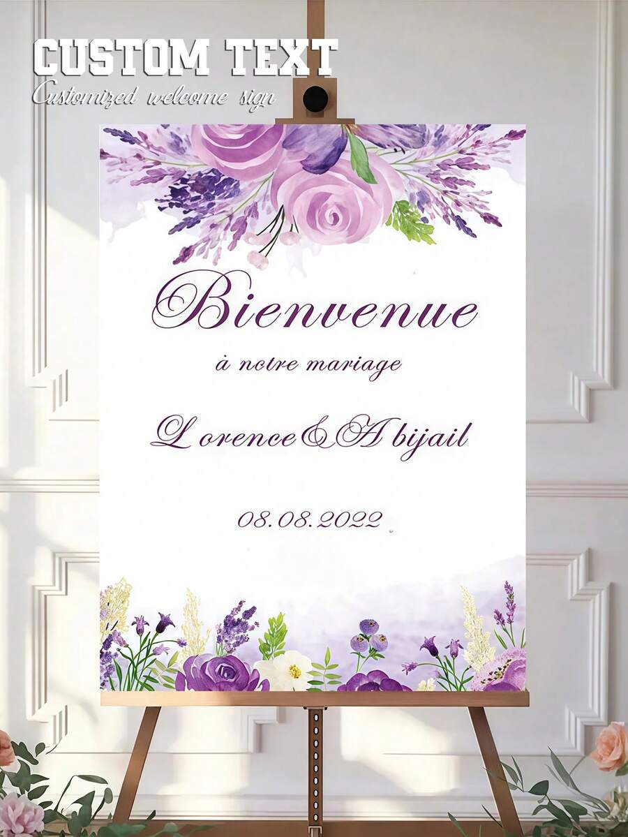 Customizable Wedding Welcome Sign With Personalized Text, Name And Date, Purple Floral Decoration For Bachelorette Parties, Bridal Showers And Birthdays - Multicolor 01 - View 1
