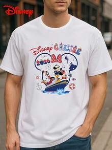 Disney 1pc Men's Short Sleeve T-Shirt, Mickey Mouse, Minnie Mouse, Donald Duck, Daisy Duck Cartoon Print Round Neck Stretchy Casual T-Shirt, Suitable For Daily Wear, Easy Care Material, Fashion Leisure Men's T-Shirt, Short Sleeve Tee - White - View 3