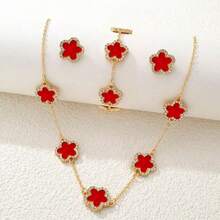 Bộ trang sức 4 món kiểu Ins-Style hình cỏ ba lá khảm vỏ sò nhiều màu sắc và đính đá rhinestone, mạ vàng (dây chuyền + vòng tay + bông tai), phụ kiện thời trang đa năng dùng hàng ngày. - bộ đồ - Xem 9