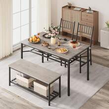 Juego de mesa de comedor estilo granja para 4 personas, moderna mesa de cocina rectangular con 2 sillas tapizadas, bancos y estante de almacenamiento, juego de muebles de comedor para espacios pequeños, apartamento, gris - Gris - Ver 2
