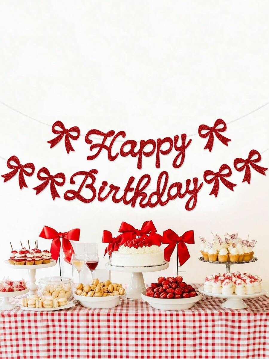 闪光“生日快乐”拉旗,红色蝴蝶结生日横幅,生日派对装饰拉旗,蝴蝶结生日主题拉旗,蝴蝶结生日派对装饰 - 紅色 - 查看 1