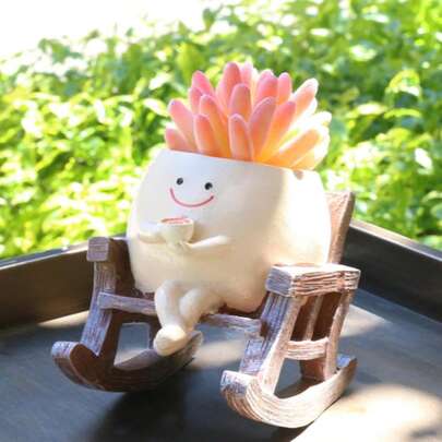 1pc Modern Resin Round Flower Pot, Coffee Chair Design, With A Smiling Face Pattern. Suitable For Indoor And Outdoor Decoration And Gardening. A Creative Flower Pot For Indoor And Outdoor Plants, A Fun Home Decor Item.