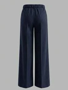 ANCHOSE Quần nữ thường ngày cạp chun kẻ sọc, màu xanh navy & trắng, thích hợp cho mùa xuân/hè. - Màu xanh hải quân - Xem 3