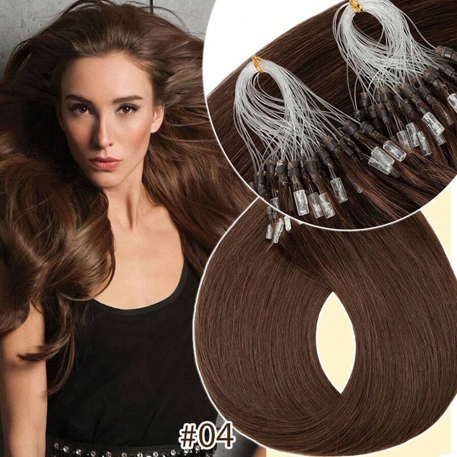 100Strands Micro Ring Loop Tip Remy Human Hair Extensions Straight Micro Beads Link Hair 0.5g/Strand Pelucas De Cabello Humano 35cm 40cm 45cm 50cm 55cm 60cm  Black/Brown/Blonde Microlink Hair Extensions Real Human Hair Micro Loop Extensions - #4 Medium Brown - 查看 1