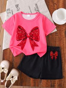 2件套女童夏季字母“LOVE”印花圆领T恤和沙滩短裤套装，休闲度假及上学装，4-7岁 - 玫紅色 - 查看 1