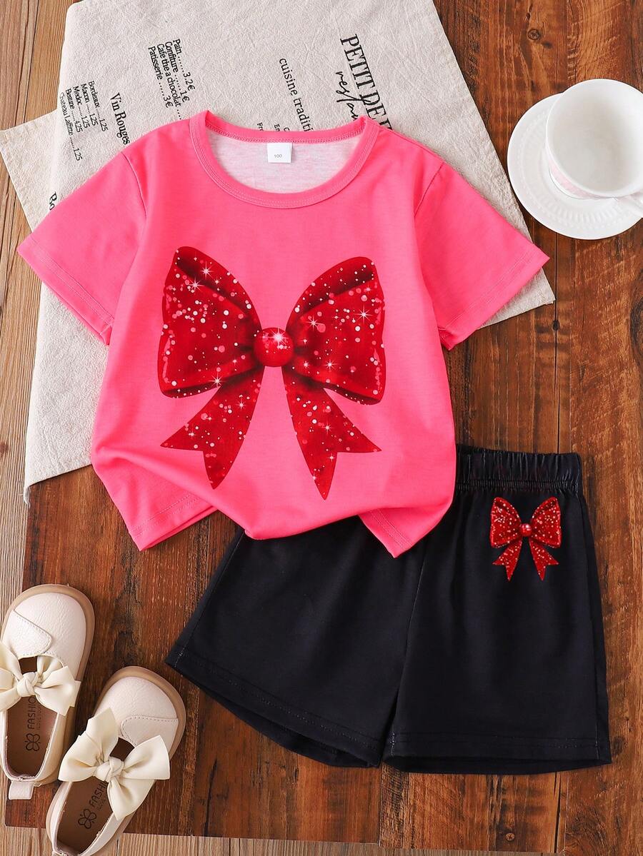 2件套女童夏季字母“LOVE”印花圆领T恤和沙滩短裤套装，休闲度假及上学装，4-7岁 - 玫紅色 - 查看 1