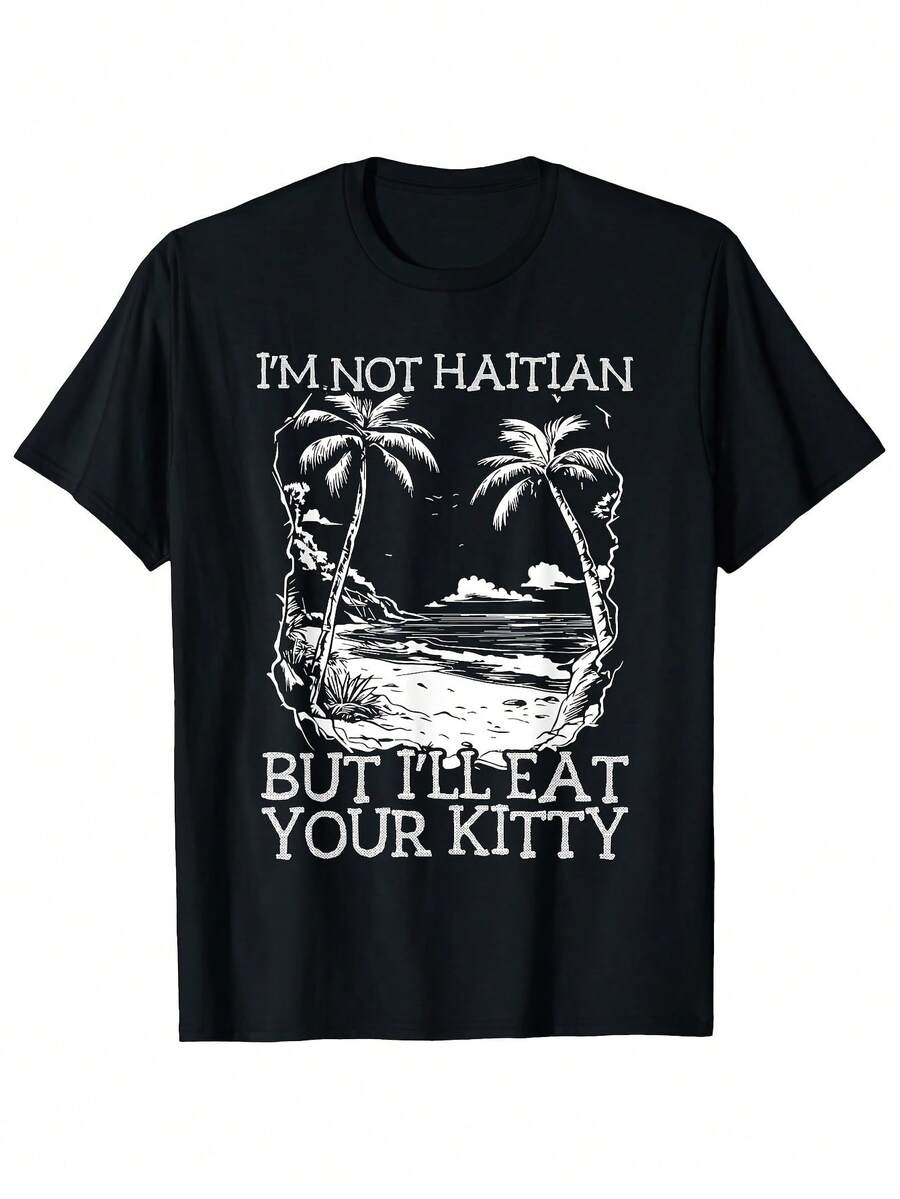 Camiseta haitiana playera con humor para hombre - Camiseta vintage "Me comeré a tu gatito" - Suave y transpirable, 100 % algodón - Corte holgado, informal, para uso diario y eventos temáticos - Negra con estampado de palmeras - Negro 4 - Ver 1