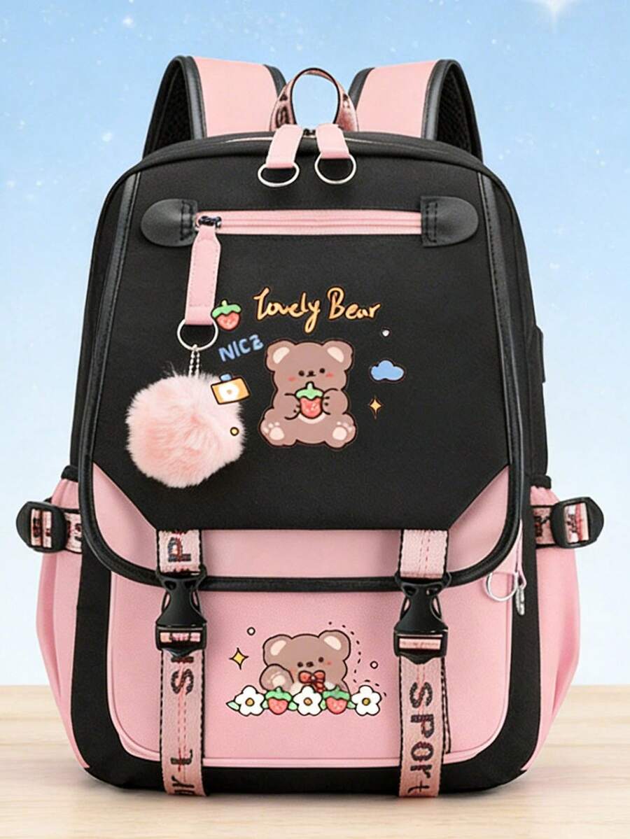 Multi Functional Lightweight Backpack, Fun Bear Design, Pink Plush Decoration, Simple, Fresh, Large Capacity Lightweight Spine Protection Backpack, Lightweight Travel Backpack, Suitable For Daily Commuting And Travel Use, Perfect Holiday Gift Choice - Multicolor - View 1