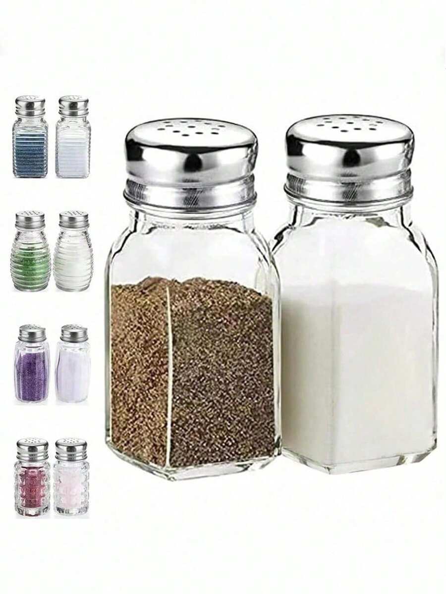 1 set de salière et poivrière en verre, bocaux en verre transparent avec couvercles en acier inoxydable - boîtes de rangement d'épices, boîtes à thé/café/sucre, accessoires de cuisine, pots à sel et poivre de style rustique, décoration de cuisine mignonne, convient pour Noël, Halloween, Pâques, Thanksgiving - Multicolore - Voir 1